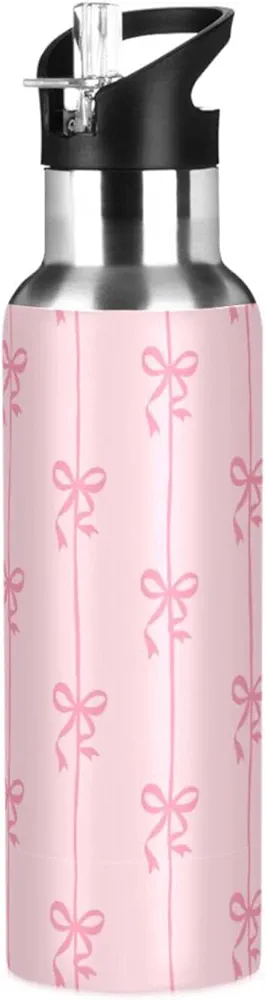 Aslsiy 32oz Sports Water Bottle Ribbons Bow Coquette Insulated Water Bottle Pink Stainless Steel Gym Bottle Metal Water Flask Thermos