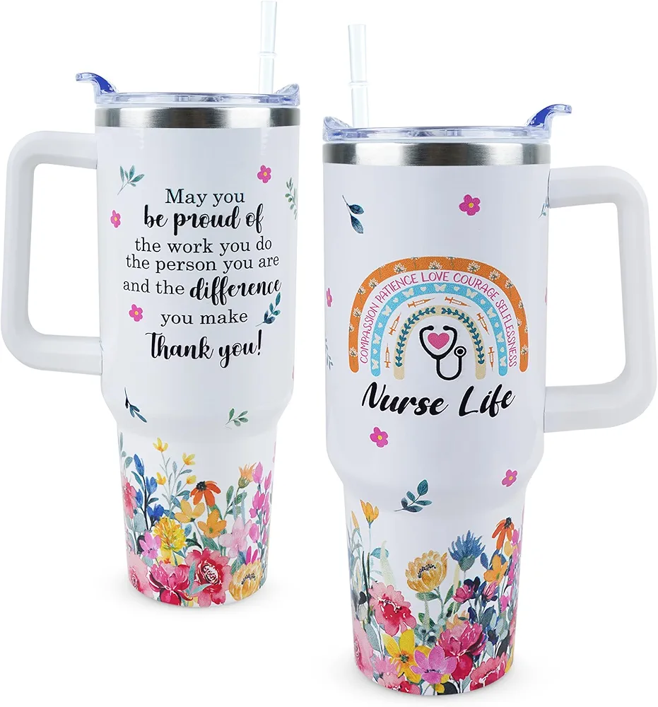 Nurse Tumbler 40 oz Tumbler with Handle and Straw Lid Leak Proof Best Nurse Ever Coffee Travel Mug with Handle Insulated for Hot and Cold Drink Nurse Gifts for Women Nurses Day Mother's Day Birthday