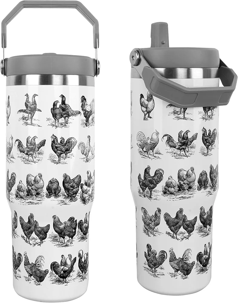 Steel Tumbler with Straw Vertical Handle Ice Flow Flip Tumbler 30 oz, Chicken Tumbler Insulated Water Bottle Easy for Carry, Good for Home/Office, Better for Travel/Car/Camp