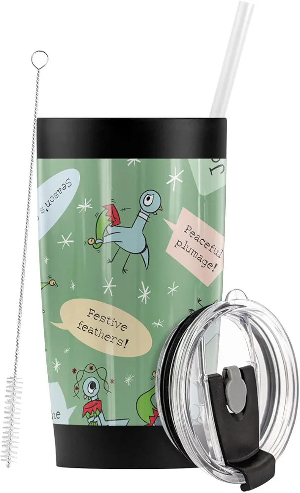 Don't Let The Pigeon Drive The Sleigh OFFICIAL Happy Holidays Pattern Stainless Steel Tumbler with Straw and Flip Lid 20 oz Travel Mug/Cup, Vacuum Insulated & Double Wall with Leakproof Dual Lid