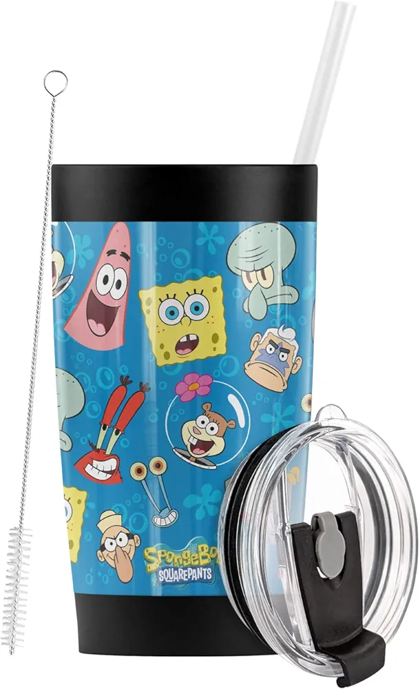 Logovision Spongebob Head Pattern Stainless Steel Tumbler with Straw and Flip Lid 20 oz Travel Mug/Cup, Vacuum Insulated & Double Wall with Leakproof Dual Lid