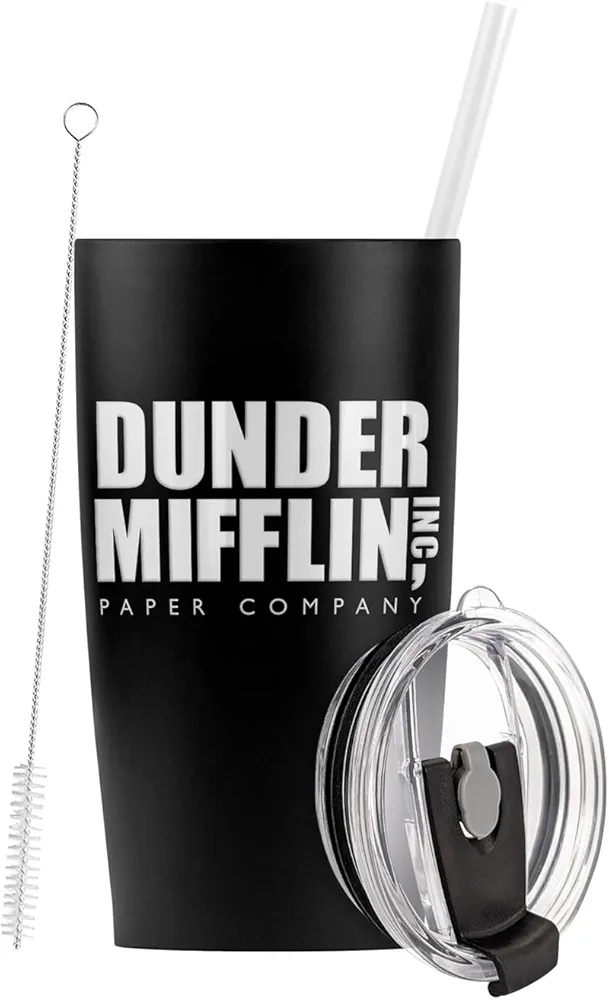 LOGOVISION The Office OFFICIAL Dunder Mifflin Stainless Steel Tumbler with Straw and Flip Lid 20 oz Travel Mug/Cup, Vacuum Insulated & Double Wall with Leakproof Dual Lid