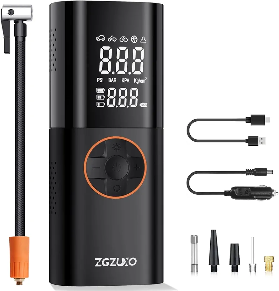Tire Inflator Portable Air Compressor for Car, 2X Fast Cordless Bike Tire Pump Battery & 12V DC Dual Power Motorcycle Air Pump 150PSI with Pressure Gauge, LED Light for Ball, Car Accessories