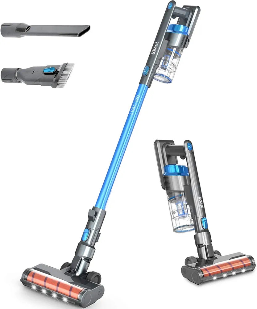 LEVOIT Cordless Vacuum Cleaner, Stick Handheld Lightweight Vacuum with 150W Powerful Suction for Hardwood Floor Pet Hair Carpet Car, Rechargeable Lithium Ion Battery and LED Brush, Blue & Gray