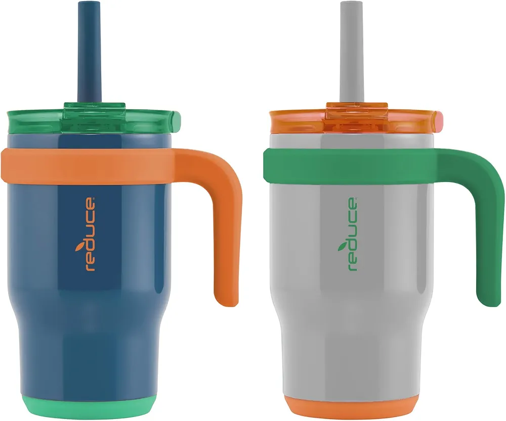 REDUCE 14 oz Coldee Tumbler with Handle for Kids - 2 Pack, Leakproof Insulated Stainless Steel Mug with Lid & Spill-Proof Straw, Keeps Drinks Cold up to 18 Hrs, Grey and Navy