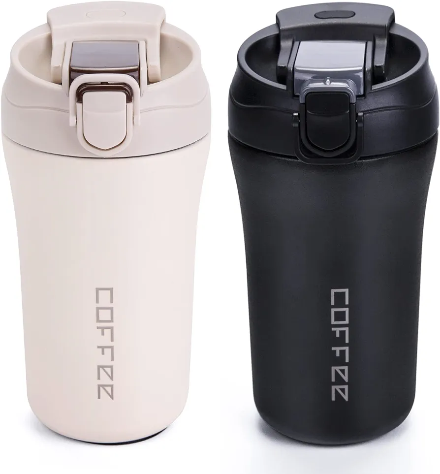 14 oz Travel Coffee Mug, 2 Pack Vacuum Insulated Coffee Travel Mug Spill Proof with Lid and Straw, Stainless Steel Reusable Coffee Tumbler for Hot and Cold Drinks, Gift for Men and Women(Black White)