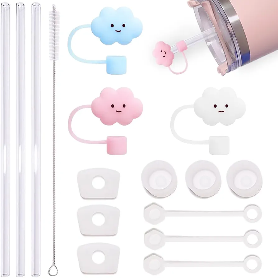 Stanley Cup Accessories Set Including 3Pcs Cloud Straw Cover for 10MM Straws, 9Pcs Silicone Spill Proof Stopper, 3 Replacement Reusable Straws with Cleaner Brush for Stanley 40oz/30oz