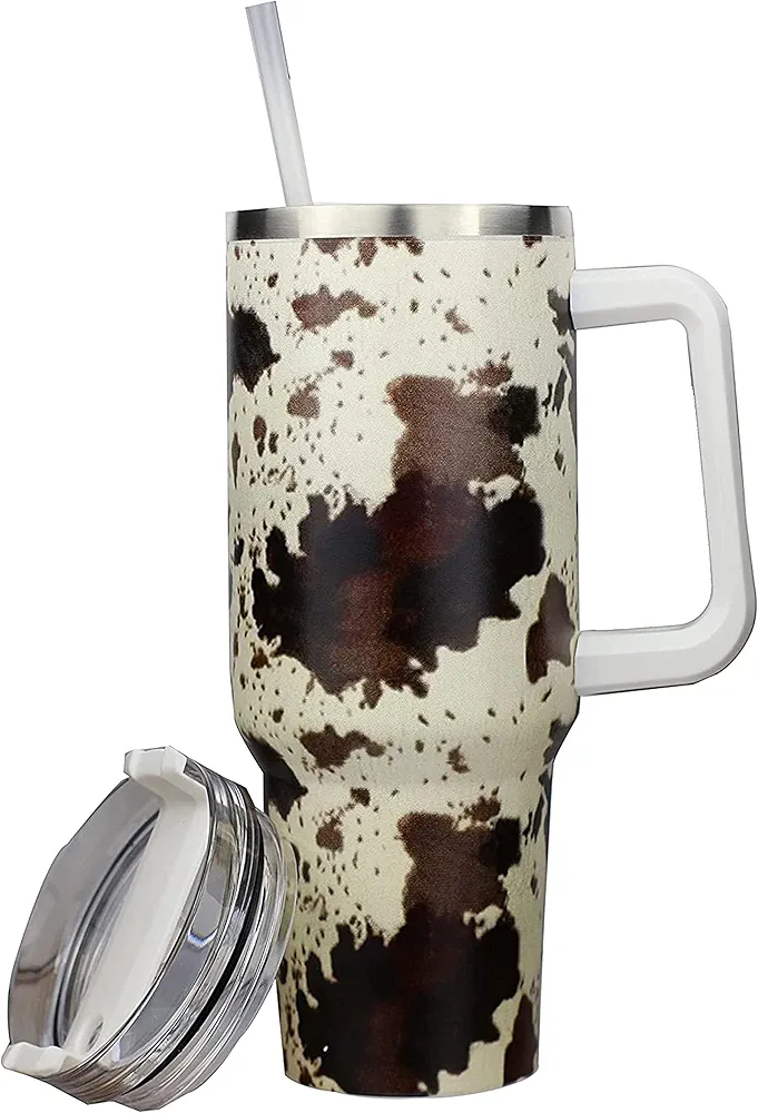 40oz brown Cow Tumbler With handle, Stainless Steel Tumbler With Lid and Straws, Double Vacuum Leak Proof Travel Coffee Mug Cup Water Bottle For Home, Office, Party……