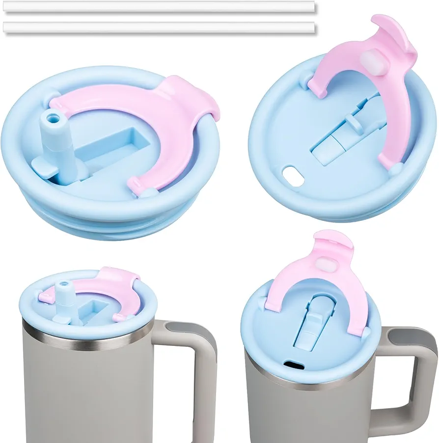 2 Pack 40oz Tumbler Flip Straw Lid Dual Drinking Outlets Compatible with Stanley Cup 40oz Tumbler Leak Proof Lid Compatible with Stanley Cup Quencher Replacement Lid Tumbler Accessories (Light Blue)