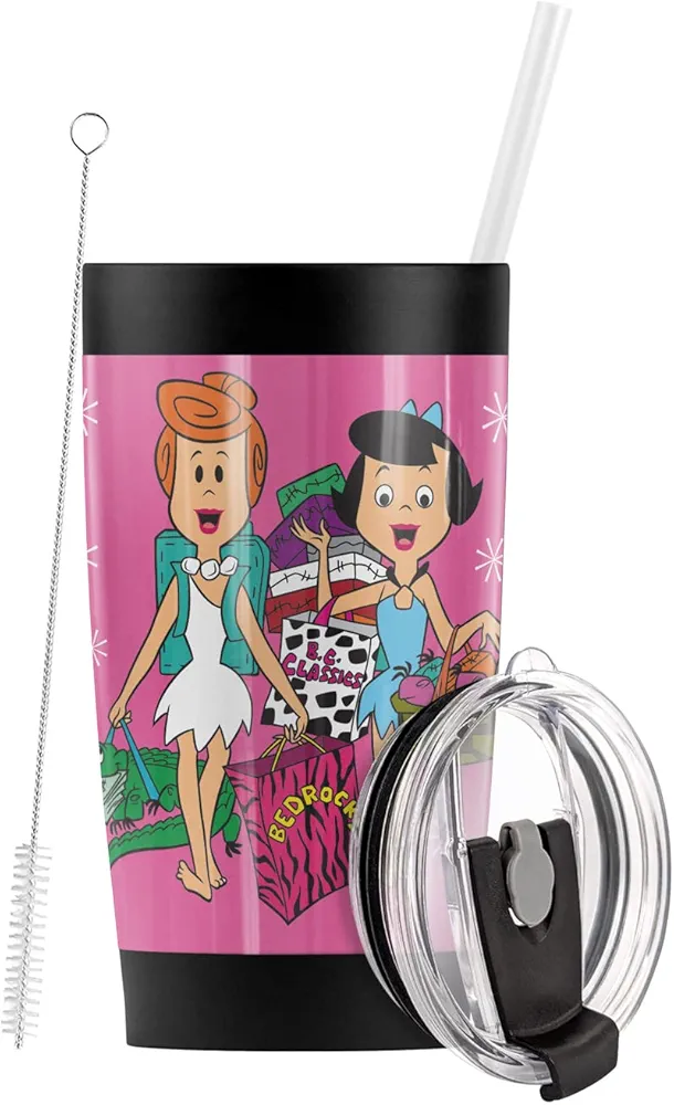 LOGOVISION Flintstones Wilma And Betty Stainless Steel Tumbler with Straw and Flip Lid 20 oz Travel Mug/Cup, Vacuum Insulated & Double Wall with Leakproof Dual Lid