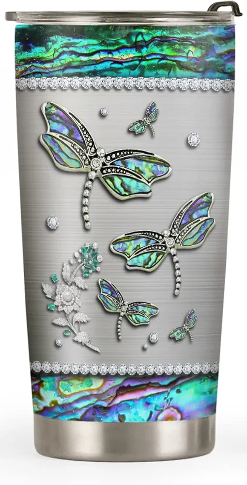 20oz Green Crystal Jewelry Dragonfly Coffee Tumbler, Dragonfly Gifts for Dragonfly Lovers, Coffee Thermos for Women, Jade Dragonfly Tumbler Cup, Stainless Steel Insulated Travel Coffee Mug with Lid