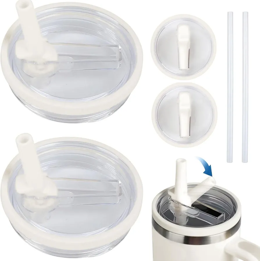 2 Pack 40 oz Tumbler Flip Straw Lid Replacement Compatible with Stanley Quencher, Leak Proof & Spill Proof Tumbler Top Reusable Cover for Stanley Cup(Cream White)