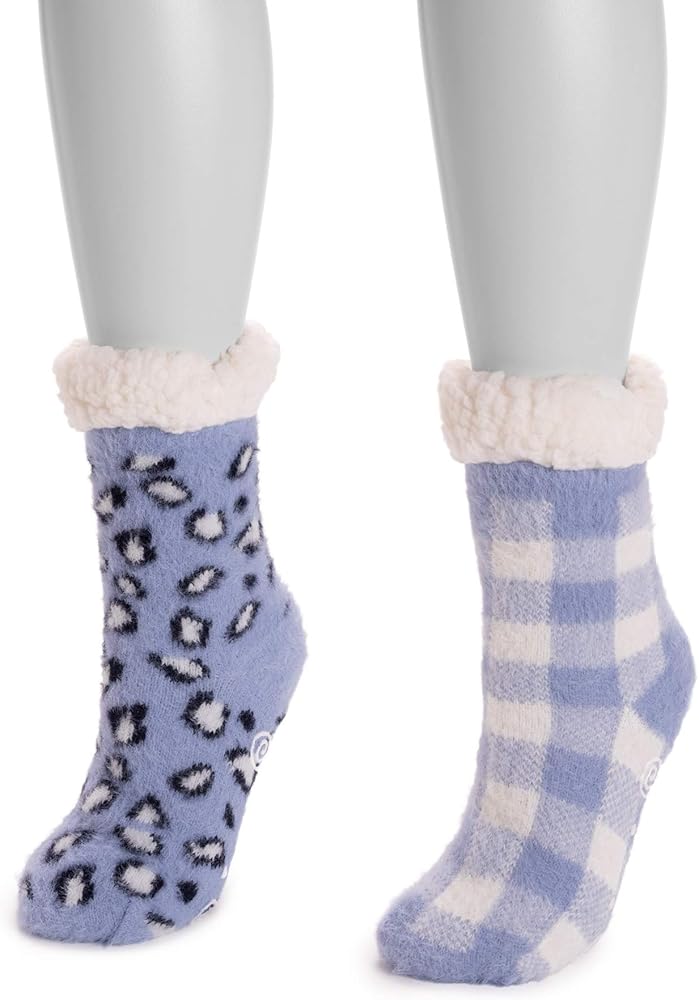 Muk Luks Women's Cabin Cozy Sock 2 Pairs Purple Polka Dots Pair Dot Plaid-L/XL S/M