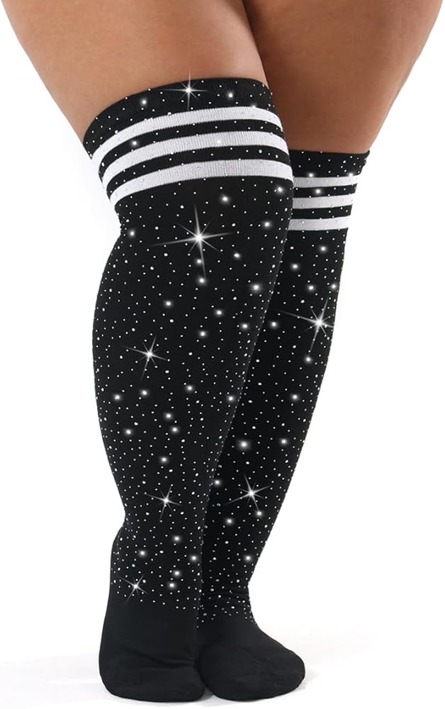 Plus Size Rhinestone Over Knee High Socks Stripe Knit Stockings Leg Warmers for Christmas Valentines day Events