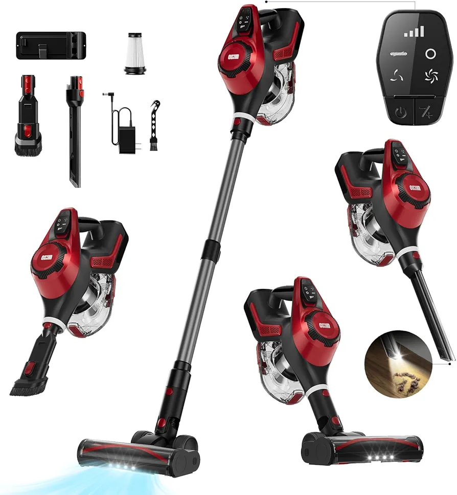 Curvymoon Cordless Vacuum Cleaner, 30Kpa Home Stick Vacuum, 55mins Max Runtime, 1.5L Large Dust Cup & Smart Display, 8 in 1 Lightweight Handheld Vacuum for Pet Hair/Carpet/Hardwood Floor (Red)