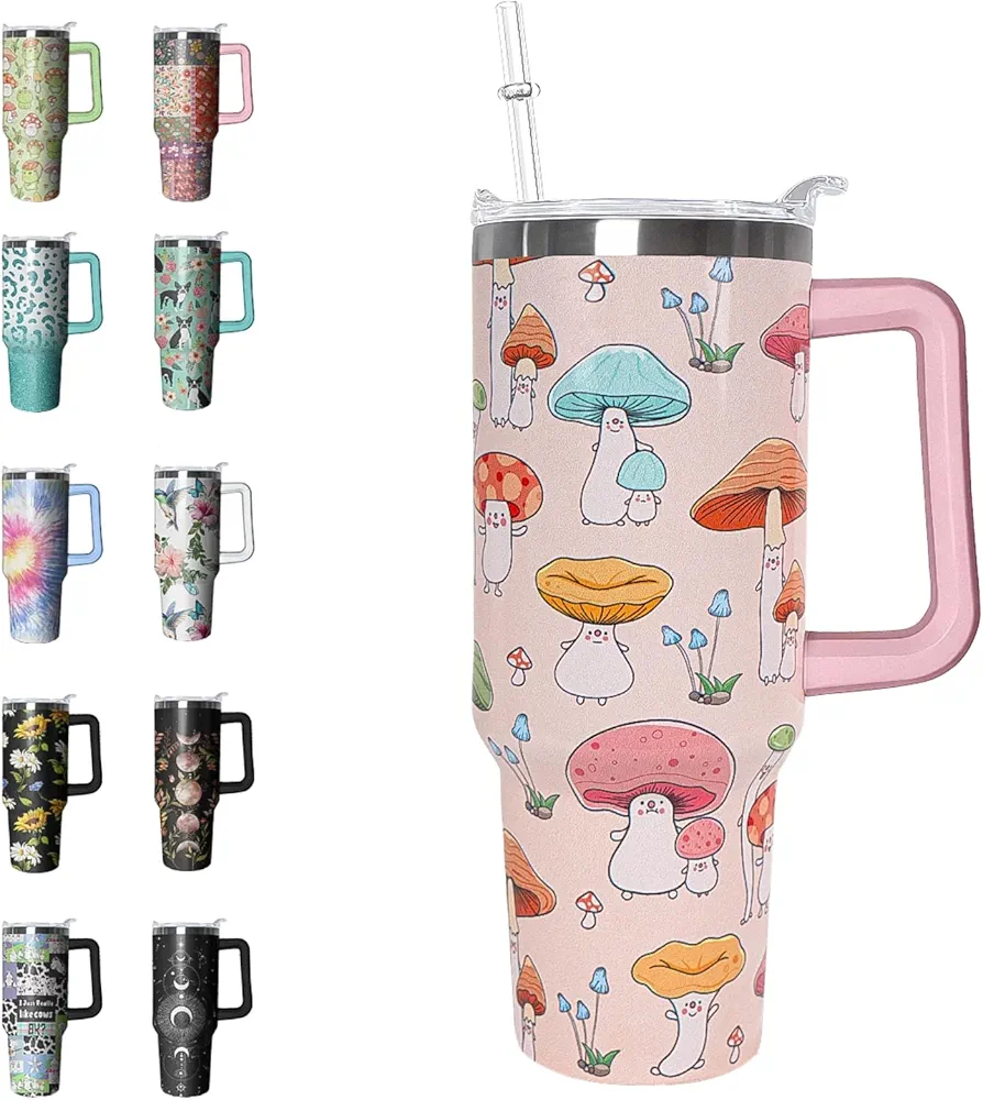 40 oz Tumbler with Handle and Straw Mushroom Tumbler Leak Proof Insulated Cup 40 oz Mushroom Coffee Travel Mug Mushroom Decor Stuff Gifts for Women