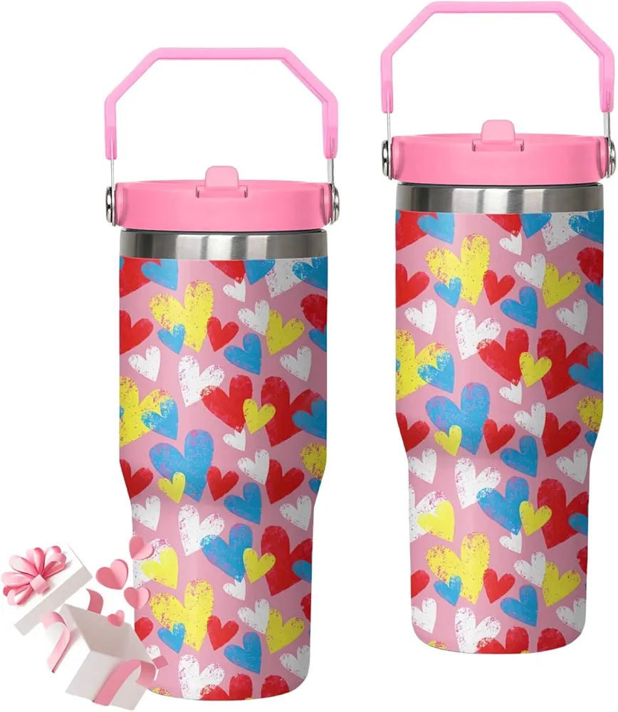 30oz Valentines Day Tumbler with Handle and Flip Straw, Heart Stainless Steel Vacuum Insulated Cup, Travel Mug Water Bottle, Birthday Christmas Gifts for Wife Girlfriend Bride