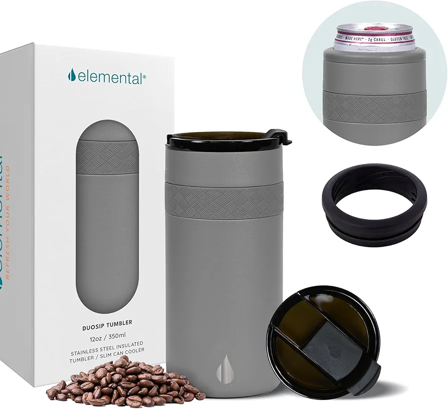 Elemental Duo-Sip 2 in 1 12oz Coffee Tumbler - Leak Proof Tumbler with Flip Lid for Slim Can Cooler - Triple Wall Insulated Tumbler for Hard Seltzer, Hot & Cold Beverages - Graphite