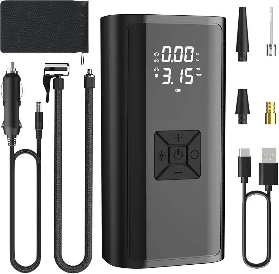 Portable Air Pump, 150 PSI Cordless Car Tires Air Pump With Digital Pressure Gauge, Electric Tire Pump, Rechargeable Air Pump with Emergency Light For Car, Bike, Motor, Balls