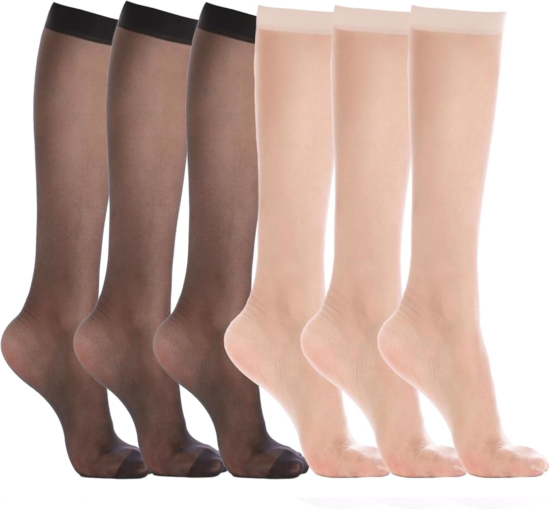 Weziarer 6 Pairs Sheer Knee High Stockings for Women,20D Lady's Nylon Stocking Socks with Reinforced Toe