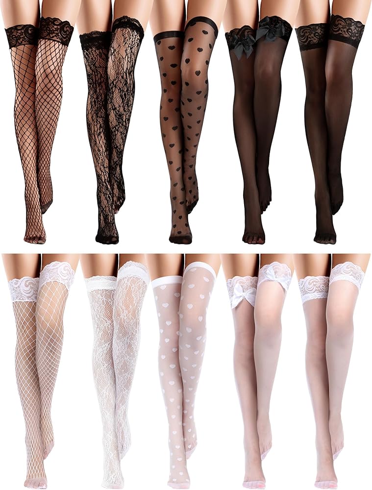 10 Pairs Silk Thigh High Stocking for Women Lace Top Sheer over Knee Stocking with bow for Christmas Valentine