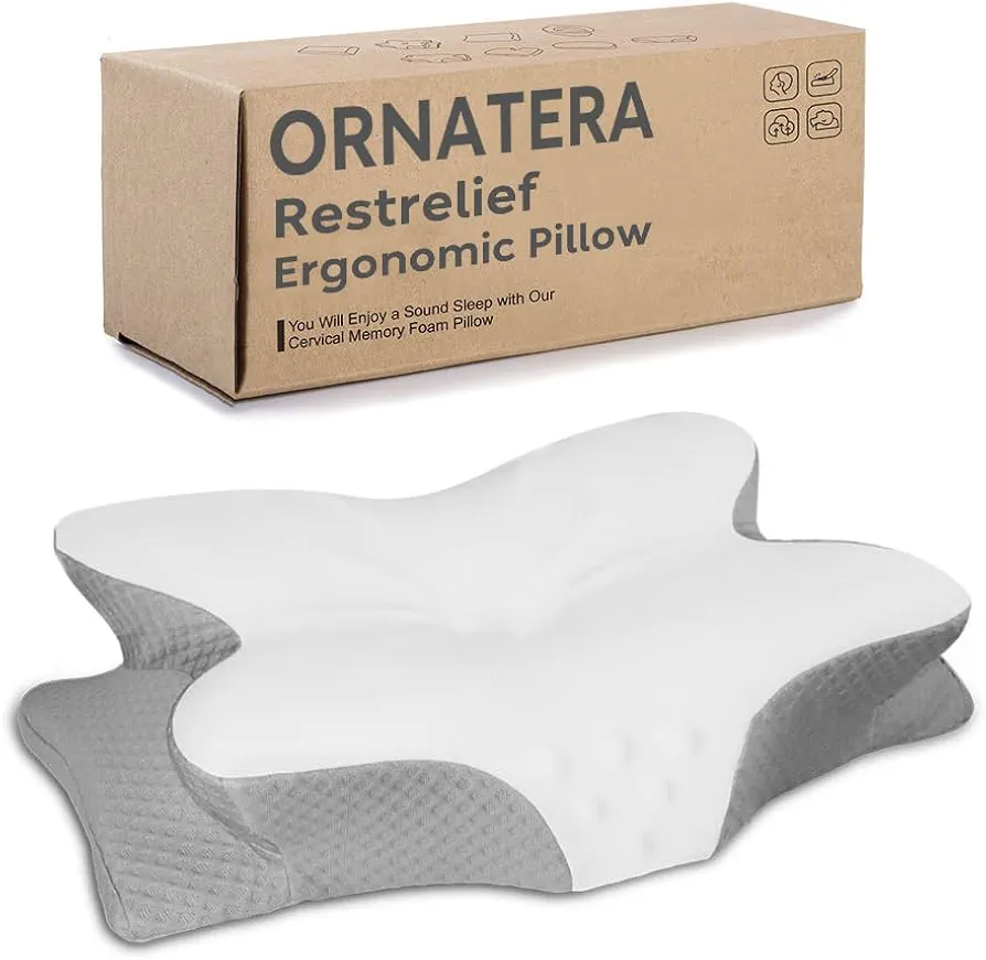 Ornatera Pillow,Restrelief Premium Ergonomic Pillow,Memory Foam Pillow for Neck & Shoulder Side Sleeping (White + Gray)