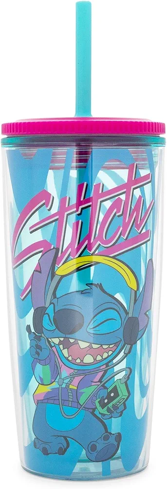 Disney Lilo & Stitch Jamming Plastic Tumbler With Leak-Resistant Lid and Reusable Straw | Double-Walled Travel Cup For Drinks | Holds 20 Ounces