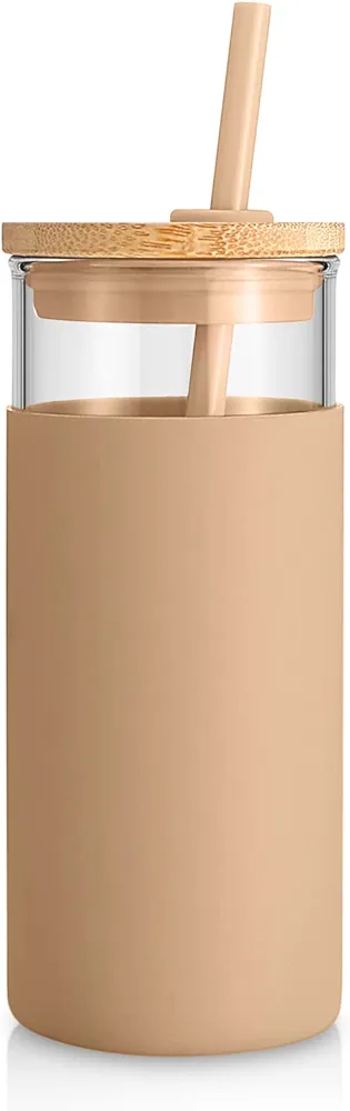 Tronco 20 oz Glass Tumbler Glass Water Bottle Straw Silicone Protective Sleeve Bamboo Lid - BPA Free -Amber