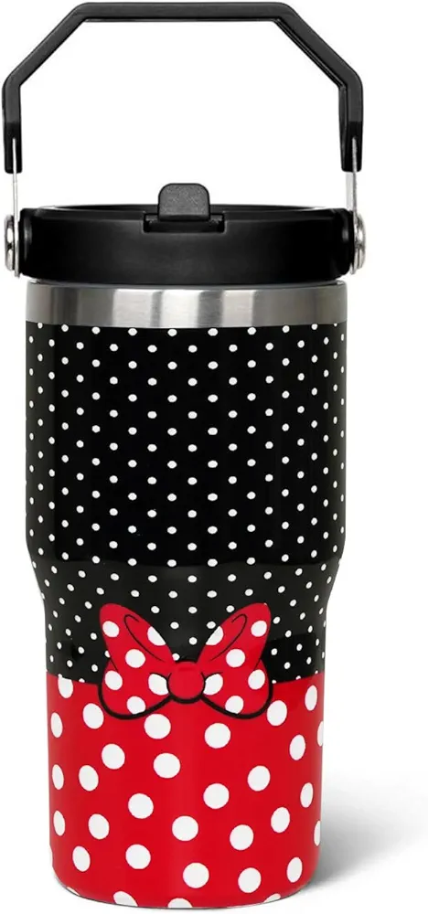 Cartoon Mouse Tumbler 20 Oz With Flip Straw Stainless Steel Insulated with Top Handle Red Bowknot Travel Coffee Mug - Birthday,Christmas Gift, 40oz