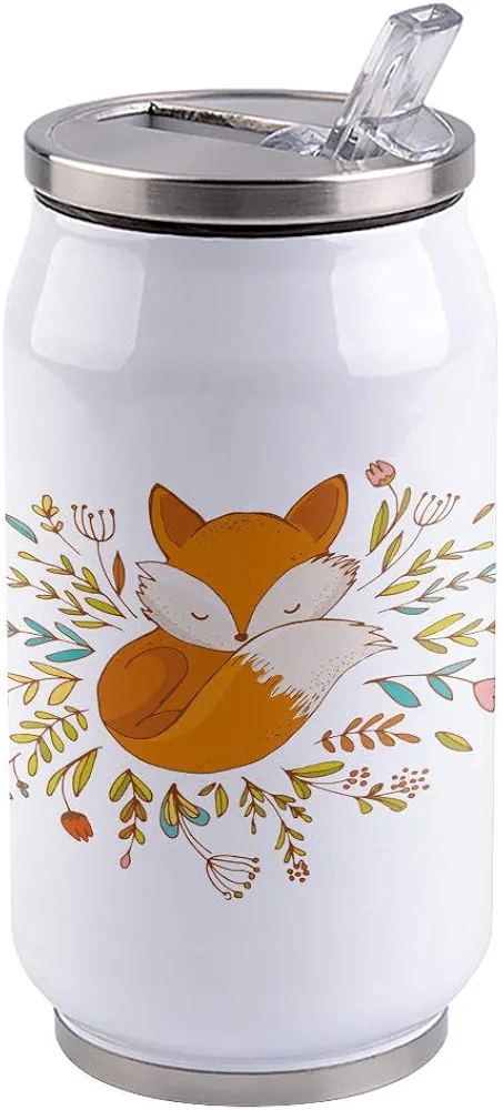 14oz Stainless Steel Tumbler with Lid & Straw-Double Wall Vacuum Insulated Travel Mug,Cute Little Fox with Flowers Water Bottle Coffee Beverage Drinks Cup for Adults Kids
