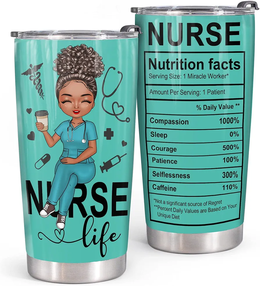 20oz Black Nurse Tumbler Nurse Nutrition Facts Nurse Gifts for Women, African American Afro Nurse Appreciation Gifts Tumbler with Lid Insulated Travel Coffee Mug