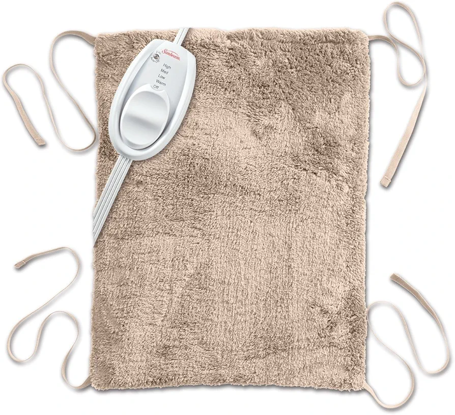 Sunbeam Heating Pad for Pain Relief | Standard Size Ultra-Soft, 3 Heat Settings with Auto-Off and Straps | Beige, 12-Inch x 15-Inch