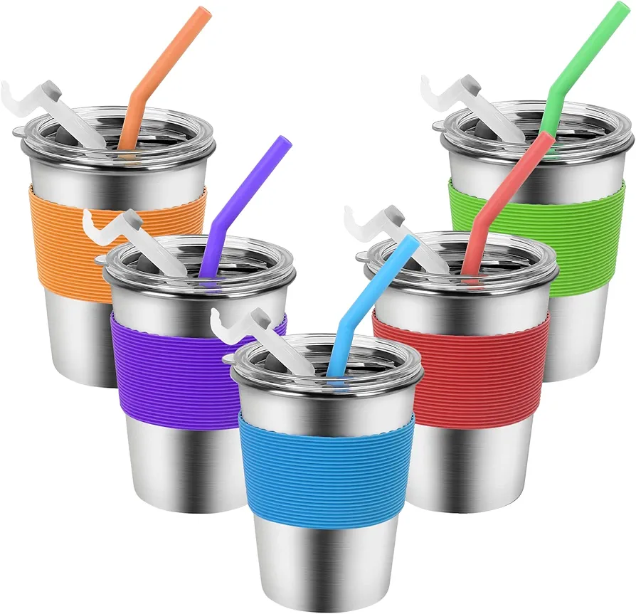 Yummy Sam Stainless Steel Cups with Silicone Straws & Lids,12oz Spill-proof Kids Tumblers Dishwasher Safe, Unbreakable Metal Toddler Cups with Heat-insulated Sleeves for Cold and Hot Drinks 5 Pack