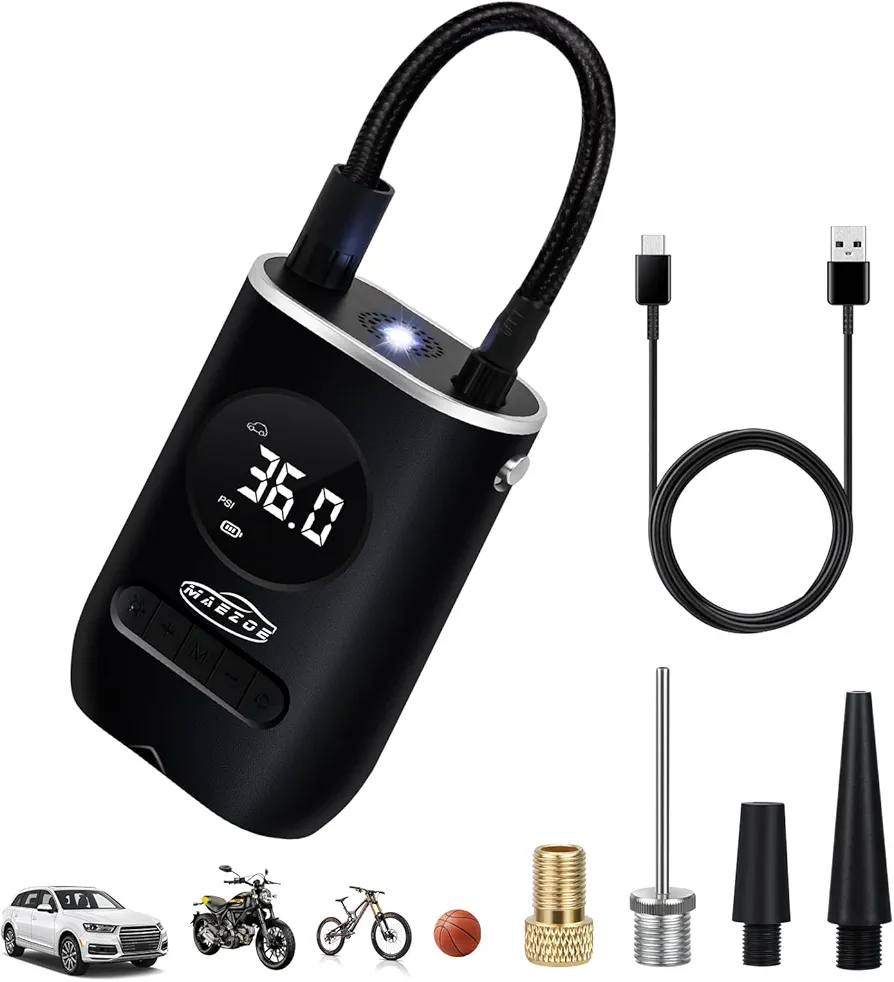 Smart Portable Air Compressor Tire Inflator - Cordless Electric Air Pump with 150PSI, Pressure Gauge, Emergency Light, Auto Shutoff, and LCD Display for Car, Motorcycle, Bike, and Balls