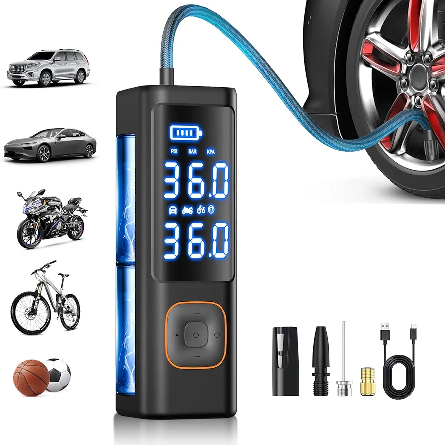 Tire Inflator Portable Air Compressor, Powerful 150PSI & 2X Faster Auto Air Pump for Car Tires, Cordless Tire Inflator with Accurate Pressure LCD Display, Suitable for MPV, Car, E-Bike, Motorcycle