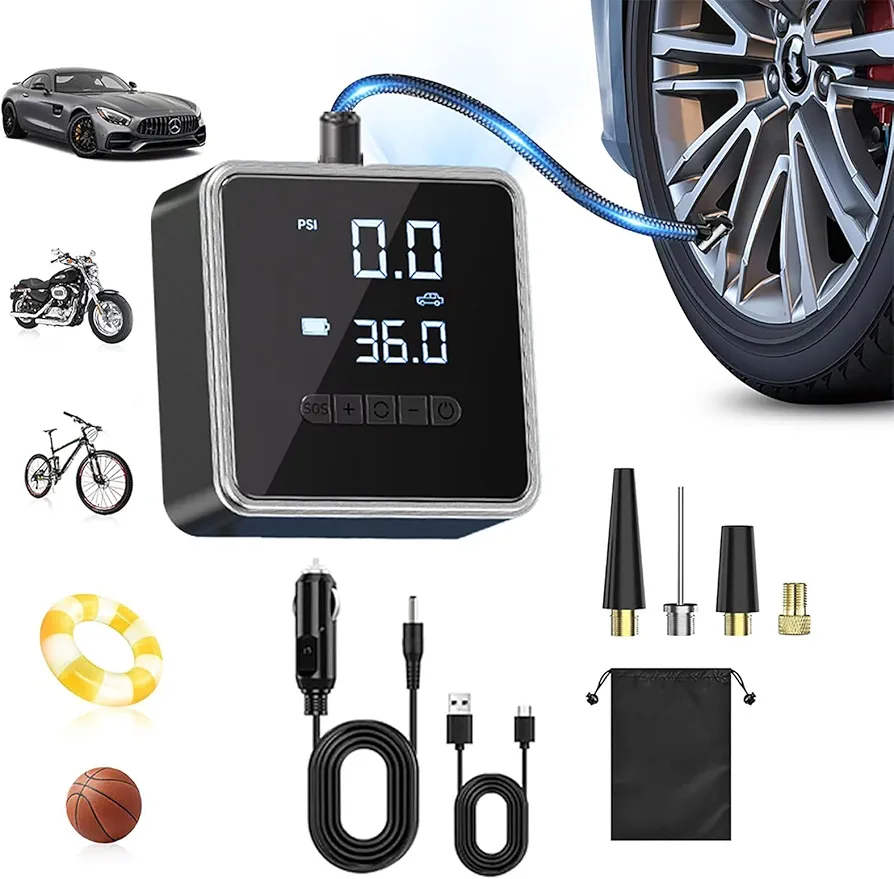 Tire Inflator Portable Air Compressor,150PSI,10000Mah,LCD Screen/LED Lights/Mobile Power Supply/Cigarette Lighter Power Cord,Portable Tire Inflator,Fast Inflator for Cars,Motorcycles,Bicycles,Balls