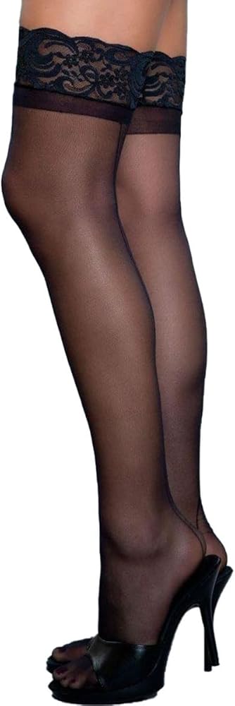 Women Lace Top Thigh High Stockings Silicone Stay Up Silky Semi Sheer Pantyhose