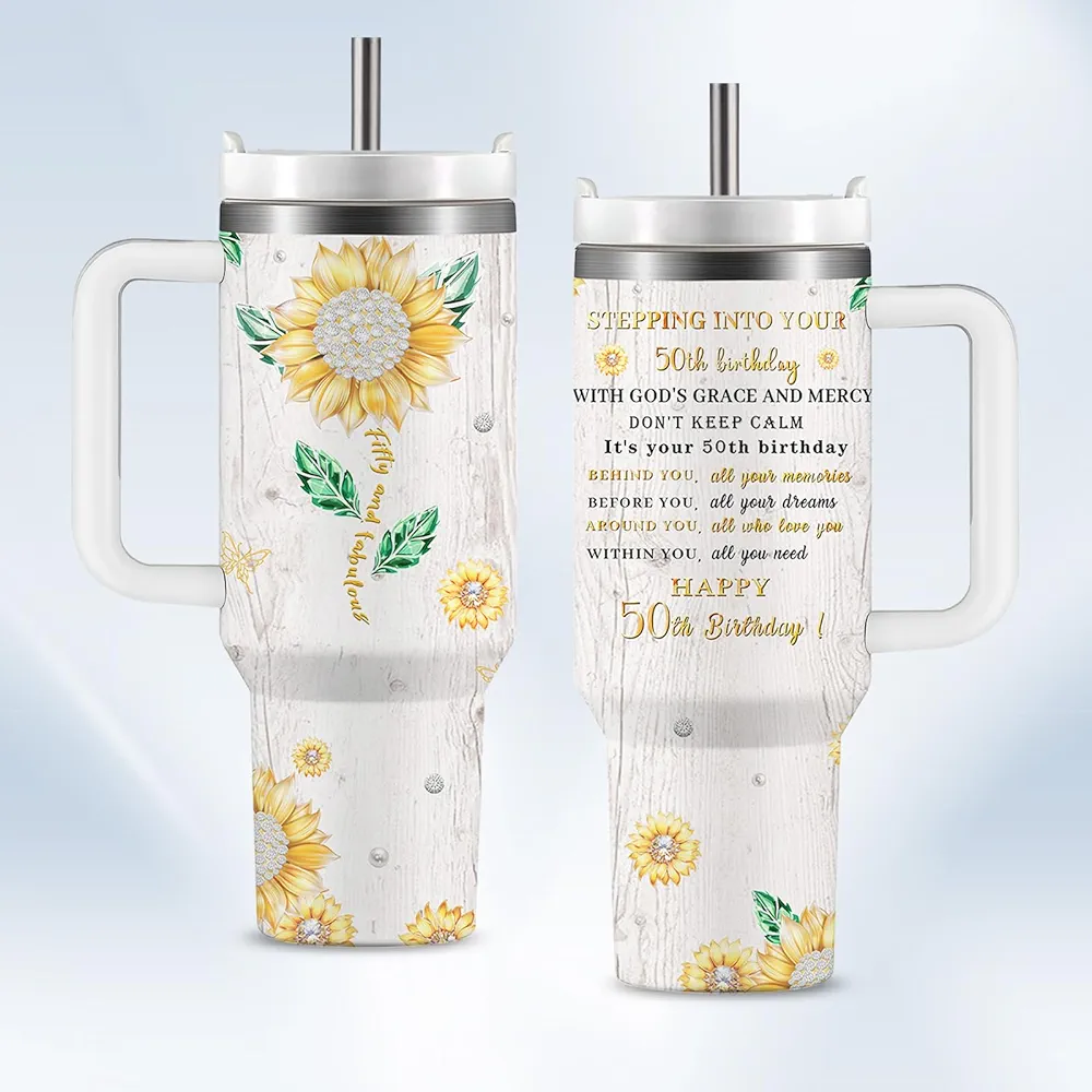 50th Birthday Gifts for Her - Womens 50th Birthday Sunflower Gifts Tumbler Cup with Handle, 50th Birthday Cups, Happy Birthday Mugs for Women 50 Year Old Birthday Present Gifts for Women Mom Friends