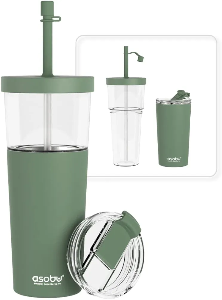 asobu ClearInsulation Straw Tumbler Marina a Tritan 28 oz Tumbler with 17 Oz Stainless Steel Insulated Sleeve for Ice Coffee or Hot Tea with a Flexi Straw Spill Proof Lid and a Flip Open Lid