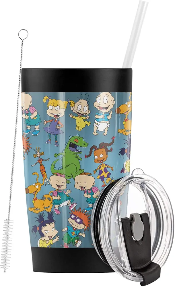 Logovision Rugrats Character Pattern Stainless Steel Tumbler with Straw and Flip Lid 20 oz Travel Mug/Cup, Vacuum Insulated & Double Wall with Leakproof Dual Lid