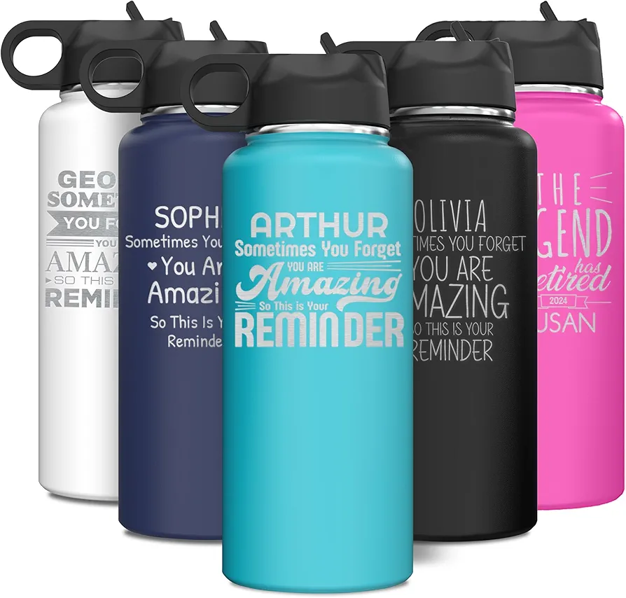 Personalized Happy Retirement Insulated Stainless Steel Water Bottle with Flip Top Lid & Straw Custom Gift 32 oz.