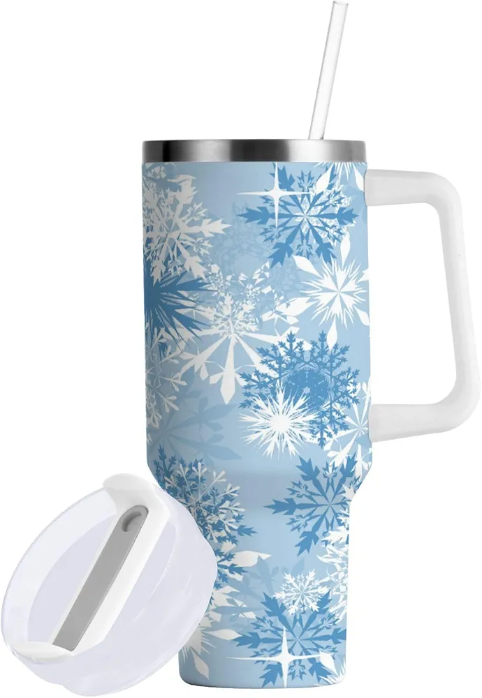 Blue White Snowflakes Insulated Tumblers Winter Christmas Theme Reusable Stainless Steel Tumbler 30 oz Cup Coffee Travel Mug Water Bottle with Handle & Flip Straw for Home Office Car