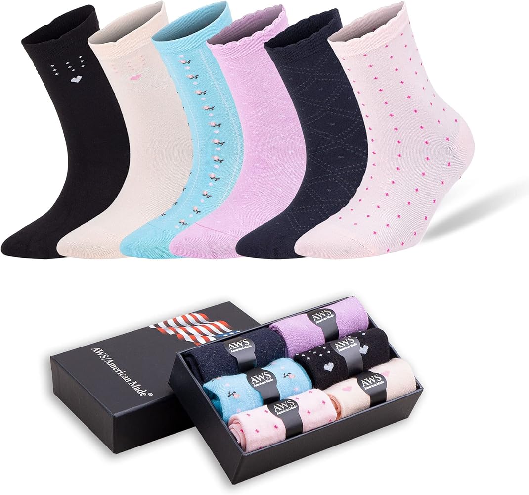 AWS/American Made 6 Pairs Bamboo Crew Socks for Women Shoe Size 6 to 9 with Gift Box