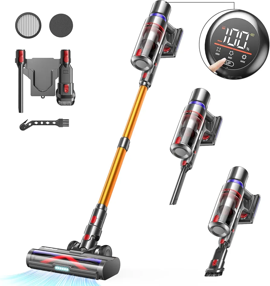 Cordless Vacuum Cleaner, 550W/45Kpa Stick Vacuum with Touch Screen, Max 55 Mins Runtime, Wireless Vacuum Cleaners for Home, Anti-tangle Brush, Lightweight Vacuum for Pet Hair/Hardwood Floor/Carpet