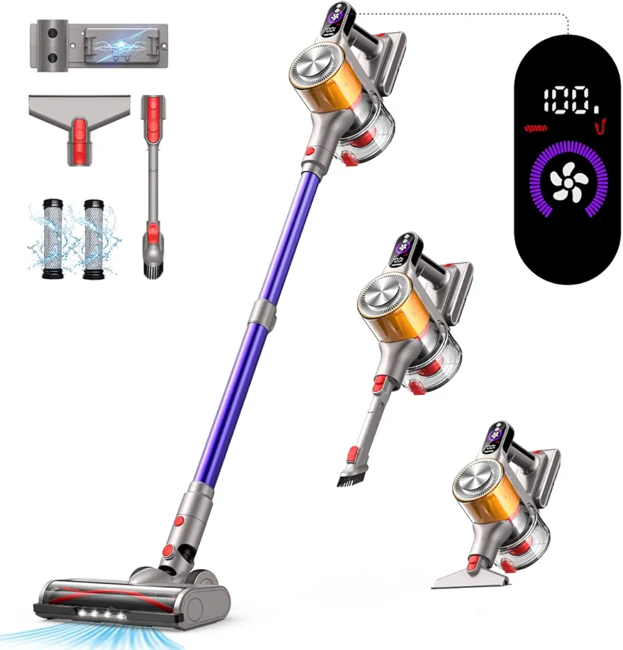 Cordless Vacuum Cleaner, 550W/45Kpa Vacuum Cleaners for Home with Charging Station, Up to 60Mins Runtime, 1.8L Dust Cup, Noise Reduction, Anti-Tangle Stick Vacuum for Carpet/Hardwood Floor/Pet Hair
