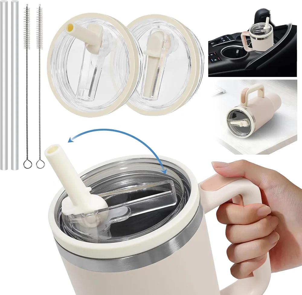 Stanley Spill Proof Lid,2 Pack,Tumbler Flip Straw Lid Fit for Stanley 40 oz Quencher,Leak and Spill Proof Resistant Tumbler Lid,Reusable Tumbler Straw Cover(Cream 40 oz)