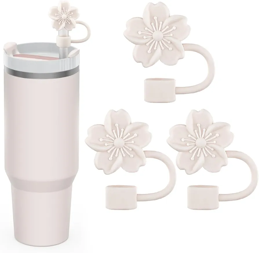 Straw Cover Cap for Stanley Cup, 3Pcs Cute Flower Straw Toppers Accessories Compatible with Stanley Cup 30&40 Oz Tumbler, Silicone Straw Tips Lids for Home and Party Decor, Beige