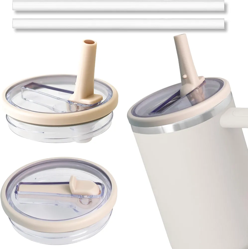 2 Pcs Tumbler Flip Straw Lid Replacement Fit for Stanley Cup 40 oz|Leak-Proof Splash Resistant Tumbler Lids|Reusable Tumbler Cover for Stanley Quencher（Cream White）