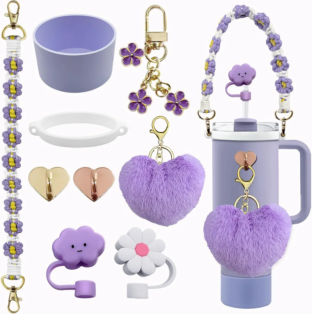 Stanley Tumbler Cup Accessories Set for 20oz 30oz 40oz With Stanley Siliocne Straw Cover，Water Bottle Handle Strap，Stanley Charms，Tumbler Siliocne Cup Boot (Purple)