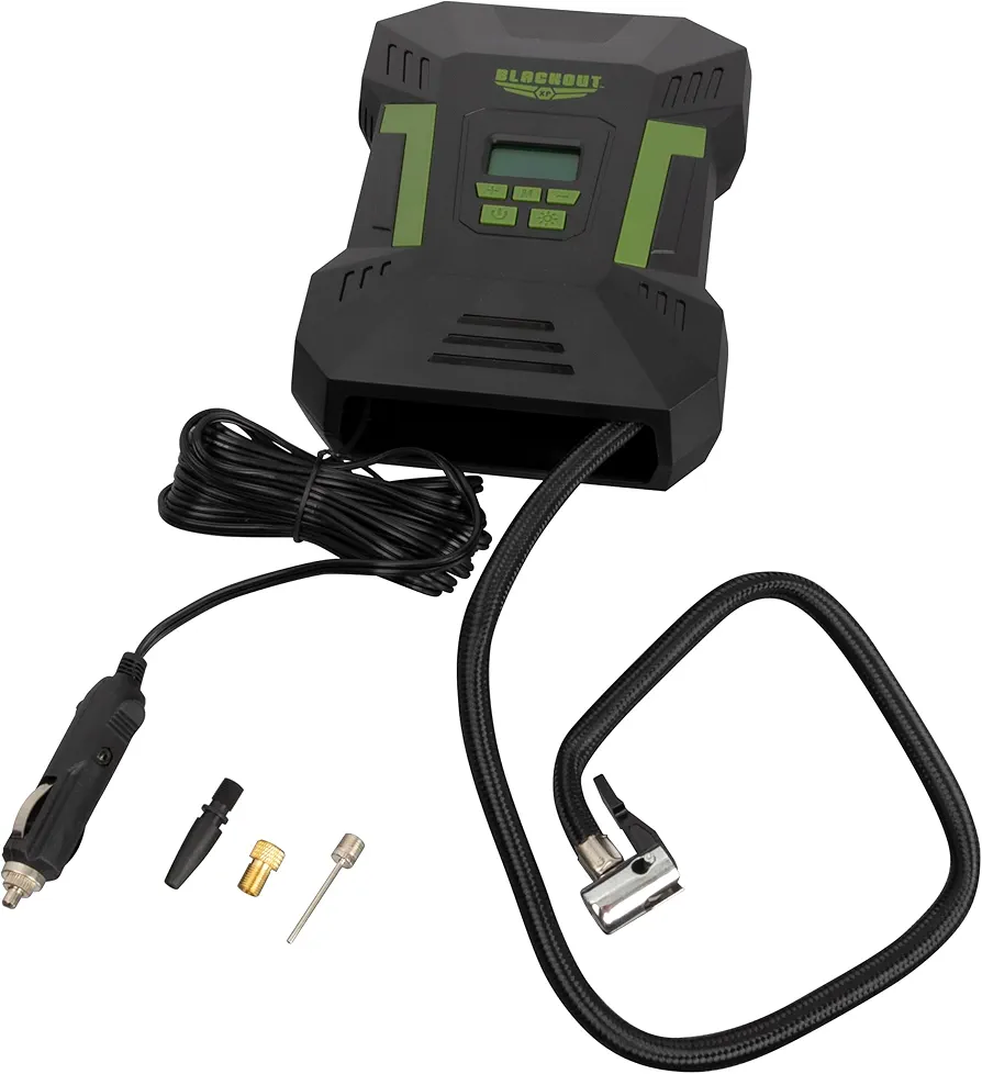 Blackout XP Tire Inflator Portable Air Compressor Air Pump for Tires, 12V DC Auto Pump with Digital Pressure Gauge, 150PSI Max with Emergency LED Light, Includes Adaptors for Bikes and Balls